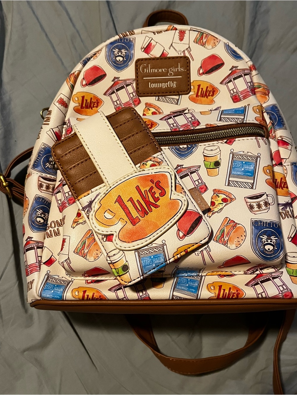 Loungefly White Multi Gilmore Girls Luke's Diner Pattern Mini Backpack & wallet